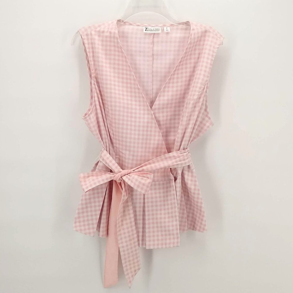 NEW YORK & CO Pink Gingham Pleated Sleeveless Top